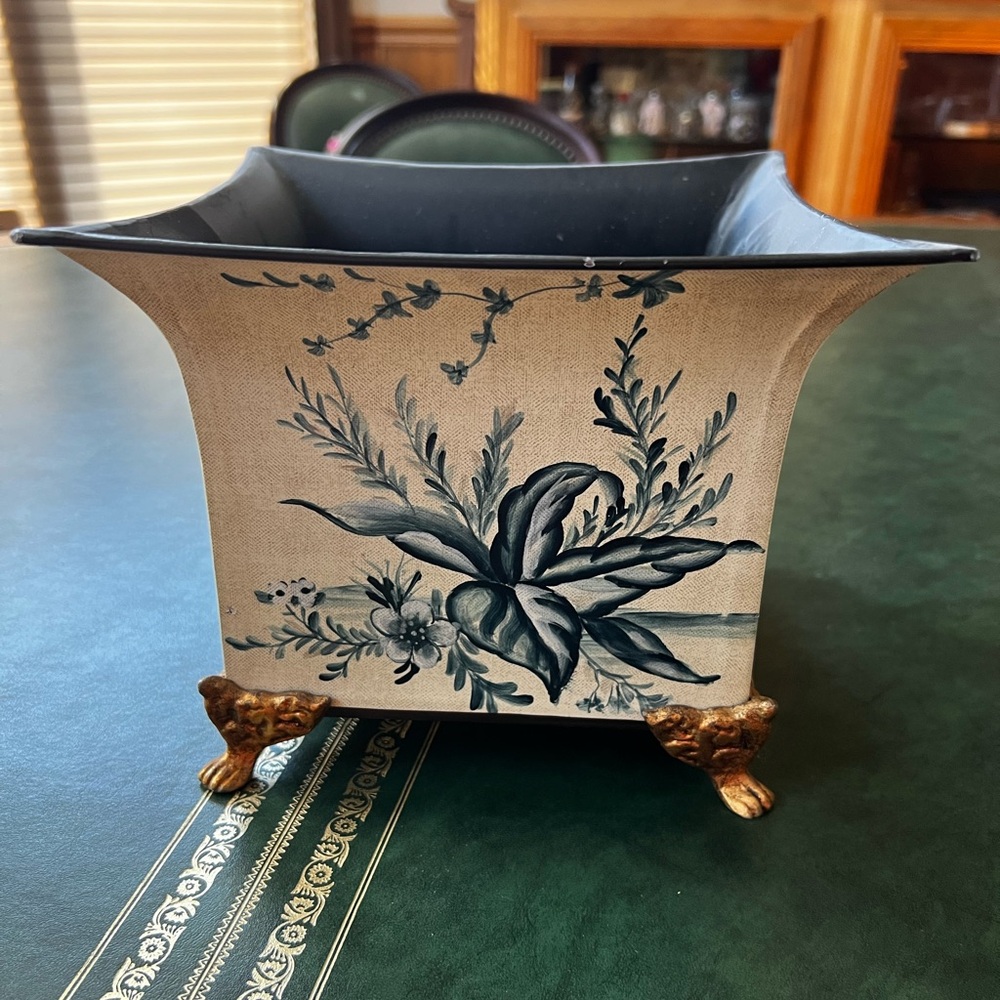 Decorative Leafy Cream and Blue Pot for Artificial Plants or Storage - Picture 3 of 11